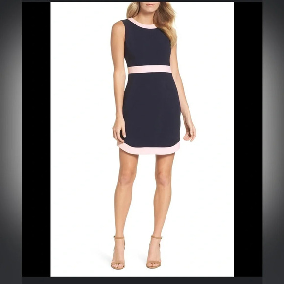 Vince Camuto Colorblock Sheath Dress Sleeveless Navy Pink Trim Work Office - Picture 1 of 8